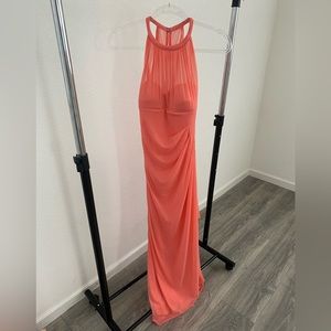 Coral halter ruched butt bridesmaid maxi dress